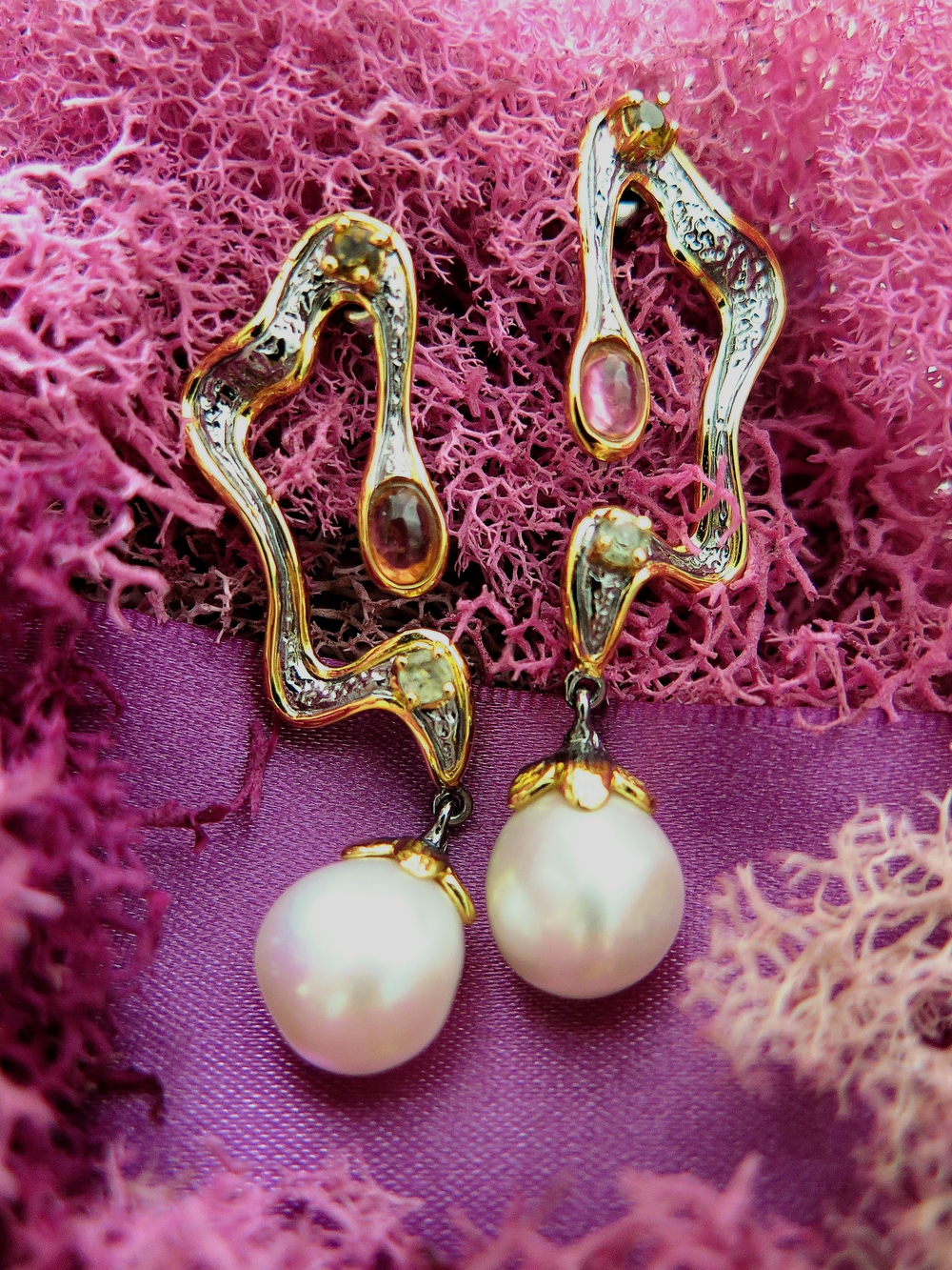 Chic * Pearl +Citrine + Tourmaline 925 Sterling Silver Earrings Gold Accents